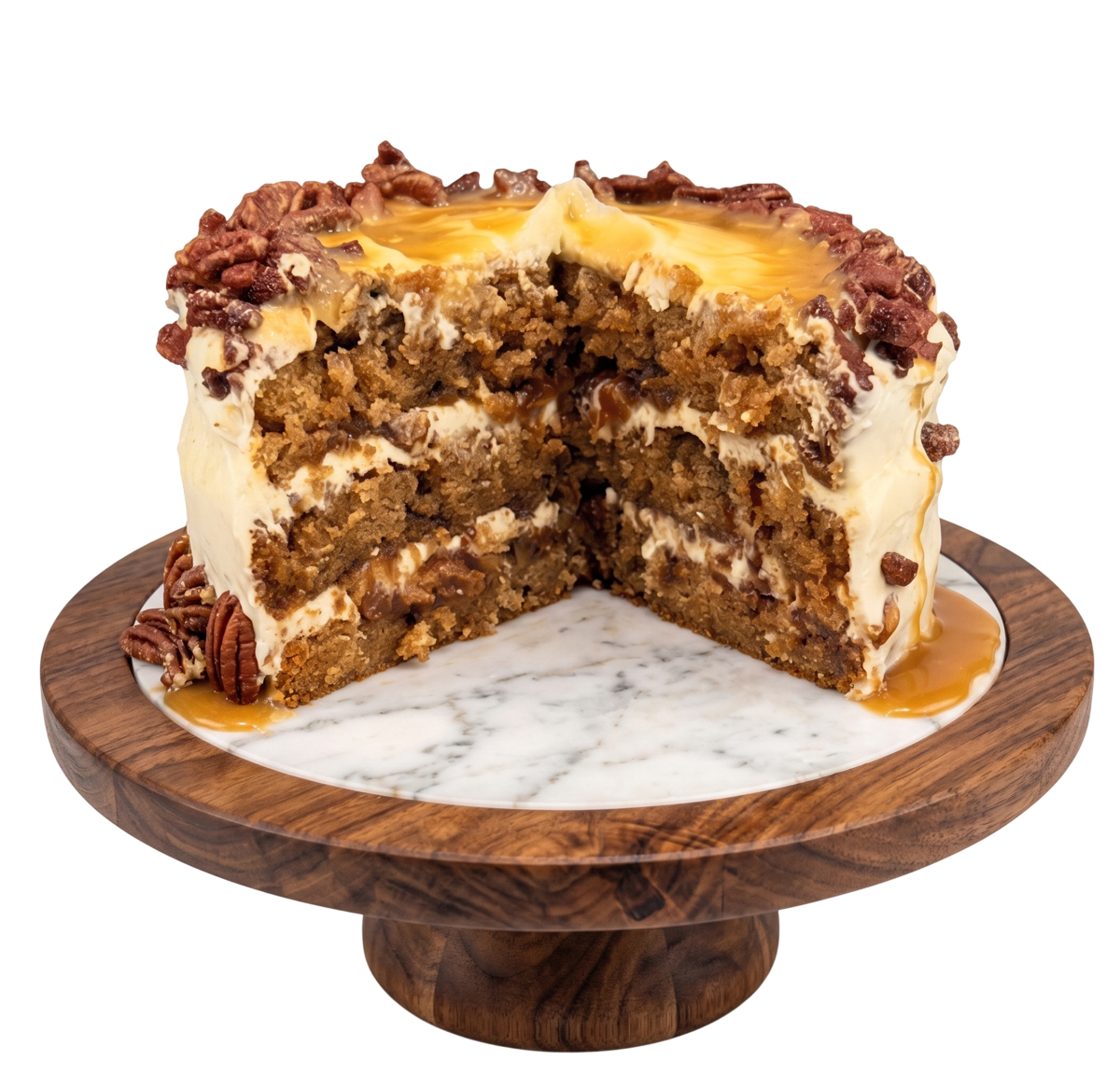 Carrot Cake, spiced layers with cream frosting, caramel drizzle, and toasted pecans, sliced to show the moist interior