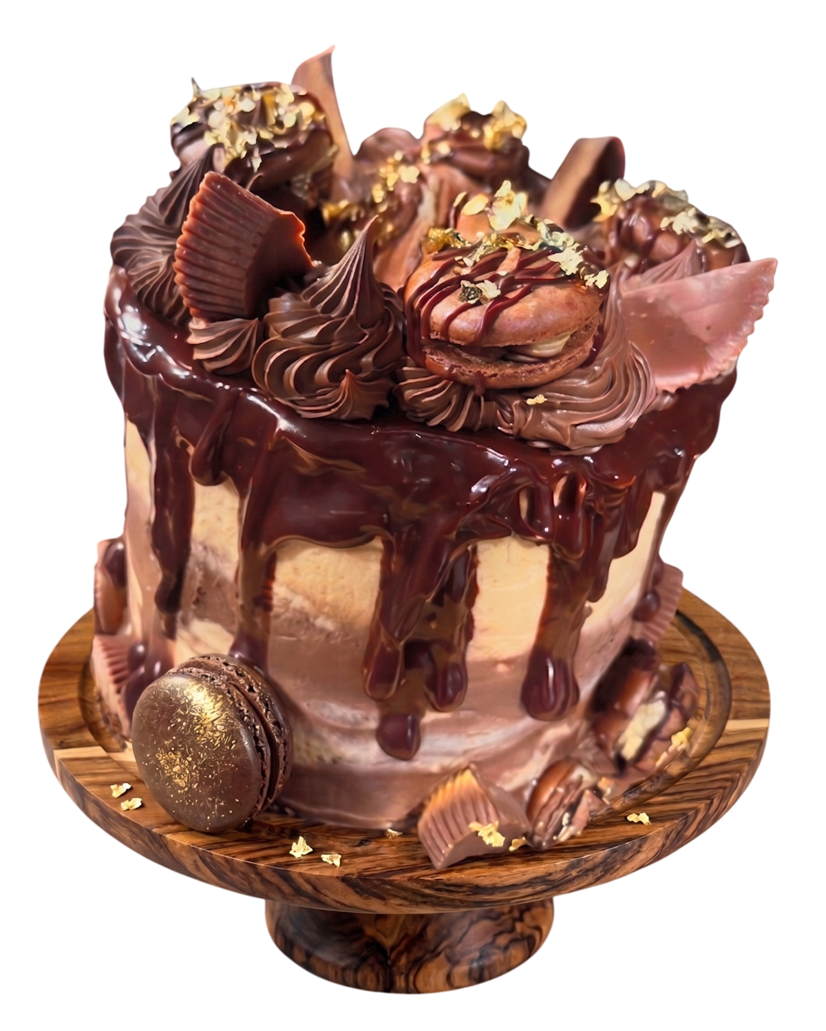 Chocolate Cake Delight, a glossy chocolate drip cake topped with macarons, chocolate pieces, and golden decorative accents
